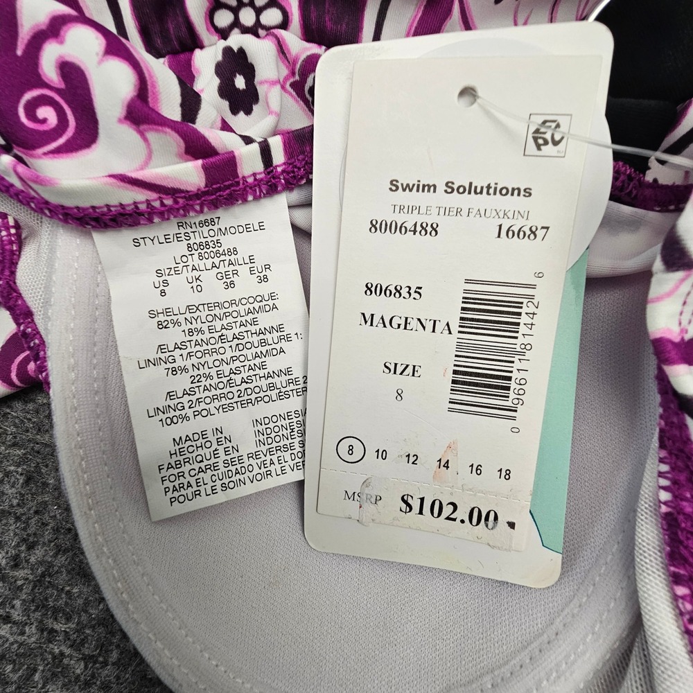 Swim Solutions Fauxkini 8 Magenta Triple Tier Paisley Tummy Control Swimsuit - Picture 11 of 11